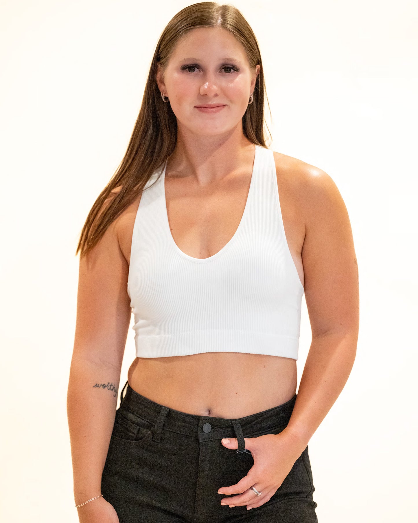Natalie Ribbed V Neck Bralette - White