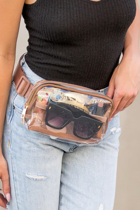 Clear Stadium Mesh-Lined Belt Bag - Mocha