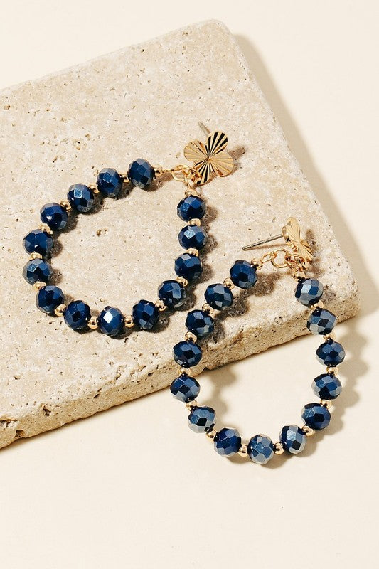 Navy Faceted Glass Beaded Tear Dangle Earrings