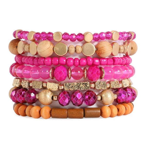 Wooden Layered Bracelet Set: Fuchsia