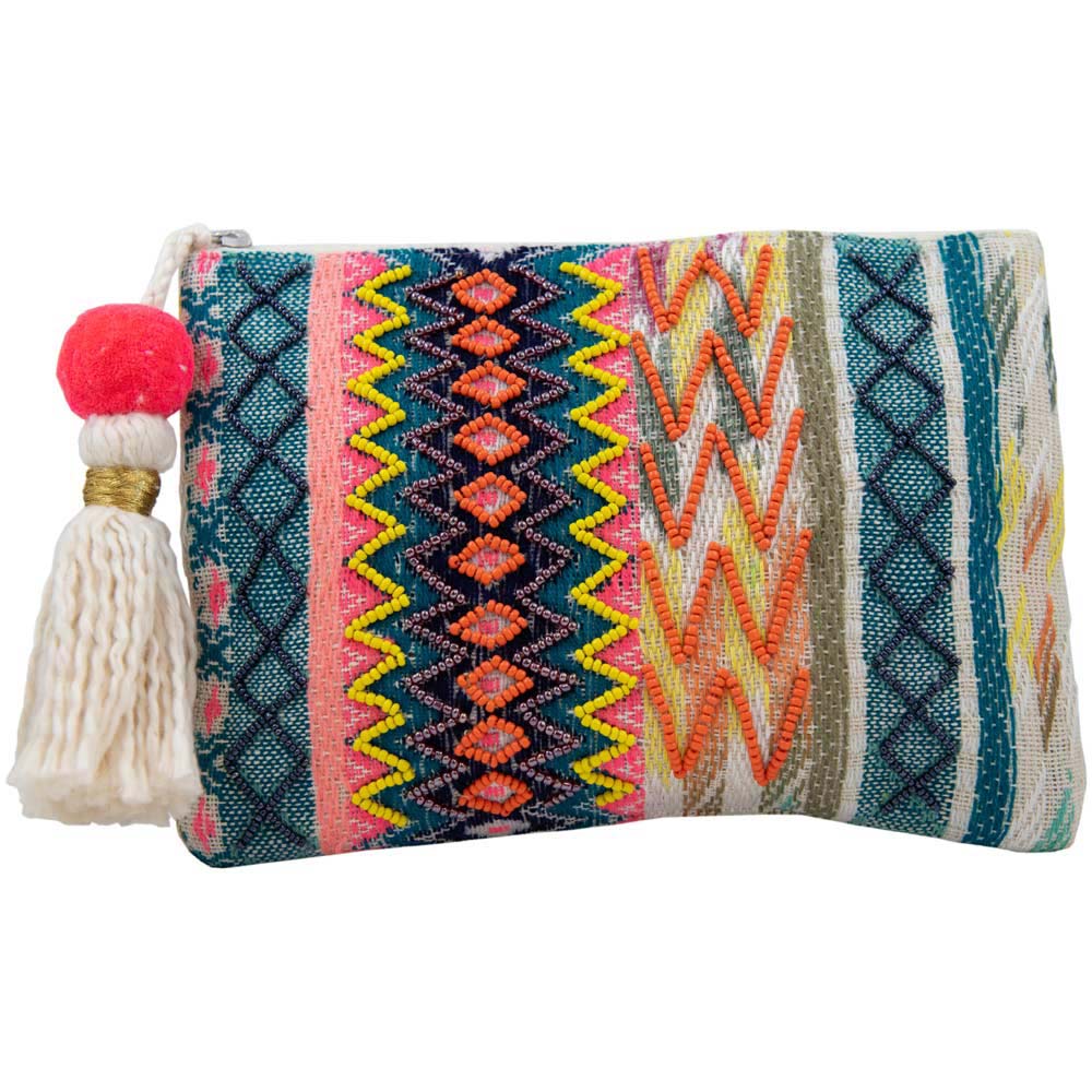 Multicolored Pocket Book with Frill and Pom Poms