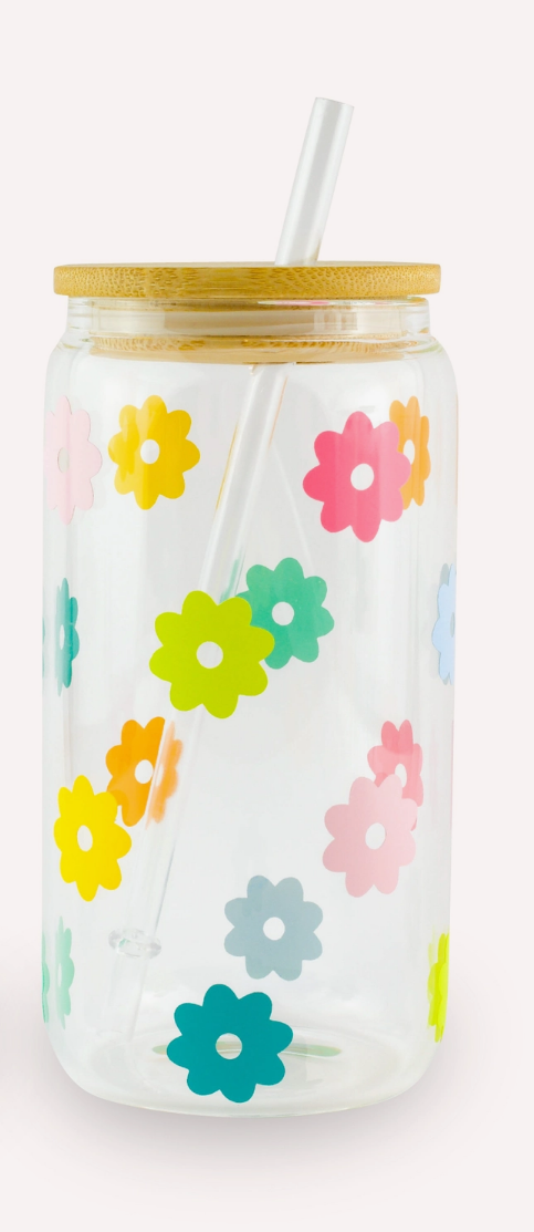 Rainbow Daisies Glass Cup