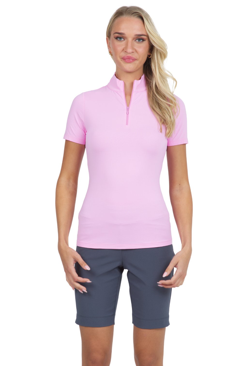 Candy Pink Short Sleeve Mock Neck Top