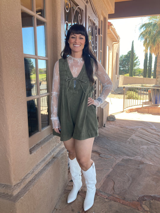 Country Cutesie V-Neck Denim Romper - Olive