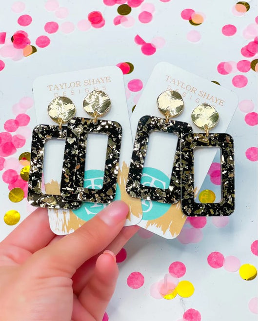 Black & Gold Rectangle Drop Earrings