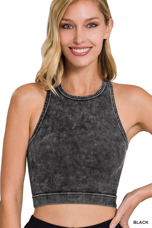 Washed Ribbed Seamless Cropped Tank Top - Black